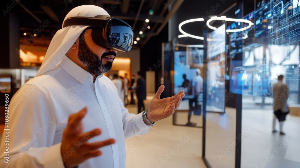 Poster an arab man is engaging with virtual reality technology at a contemporary exhibition. he wears a vr 