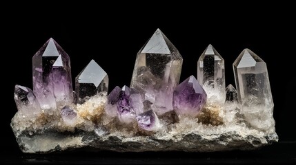 A small cluster of purple amethyst crystals sits among other crystals, including clear quartz and smoky quartz. All the crystals are displayed on a natural stone base.