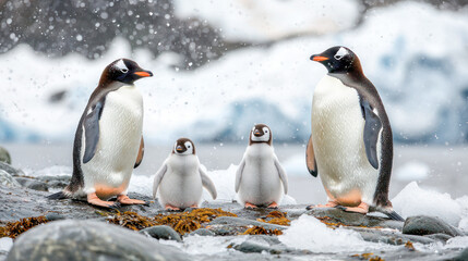 Obraz premium Penguin family standing on icy rocks by the water in an arctic landscape.