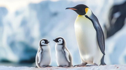 Fototapeta premium Penguin family standing on icy rocks by the water in an arctic landscape.