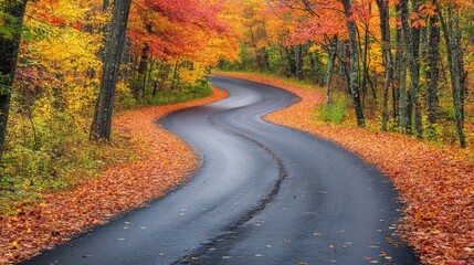 Fototapeta premium A smooth, black road winds through a forest bursting with fall colors.