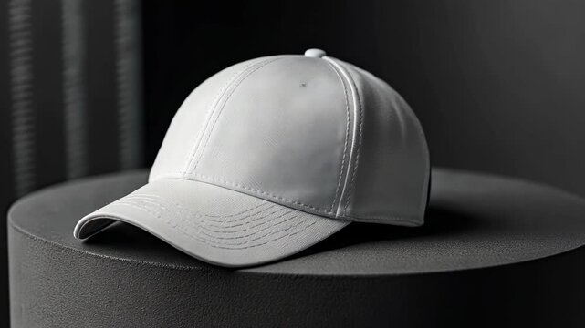 A white baseball cap sits on a black platform