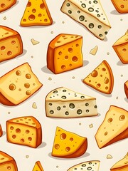 A seamless pattern of various types of cheese
