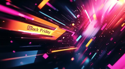 Obraz premium Vivid “Black Friday” text in bold yellow and pink neon colors, colorful arrows and geometric shapes scattered around, glowing light beams and reflections, dark-to-light gradient background,
