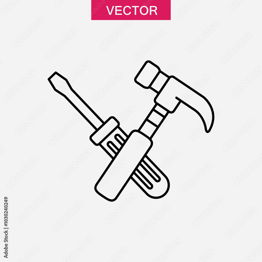 Poster hammer and screwdriver icon. work tool simple flat black linear illustration for web and app..eps