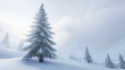 Fototapeta premium A snowy fir tree stands tall against a winter backdrop.