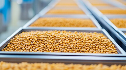 A close-up view of trays filled with golden grains, showcasing a collection of seeds in a clean, industrial environment.