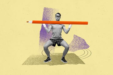 Creative collage picture young man lift heavy pencil effort sport exercise healthcare bodycare...
