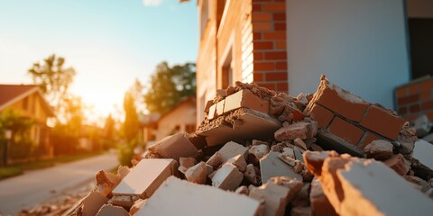 Pile of broken bricks and concrete rubble at a demolition site illuminated by sunset light in a residential area. Transformation and change concept