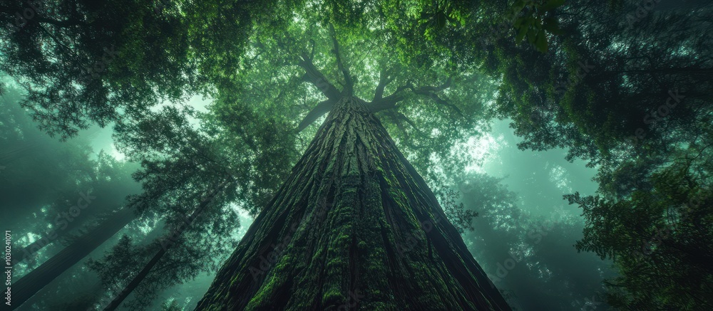 Poster a towering redwood tree in a misty forest with sunlight filtering through the canopy.
