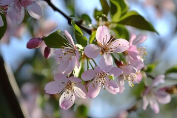 Obraz premium Delicate pink blossoms sway gently in the spring breeze under a bright blue sky