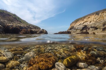 Obraz premium Crystal clear waters reveal vibrant rocky textures beneath the serene coastal landscape