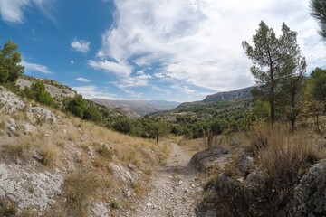 Stunning mountain landscape with a winding trail under a vibrant sky in early autumn