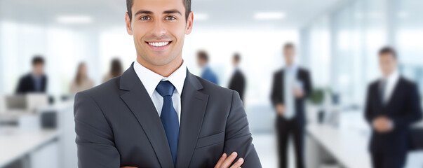Fototapeta premium Professional man smiling confidently in a modern office setting with colleagues working in the background during daytime
