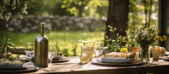Summer Picnic Table Setting in a Lush Garden