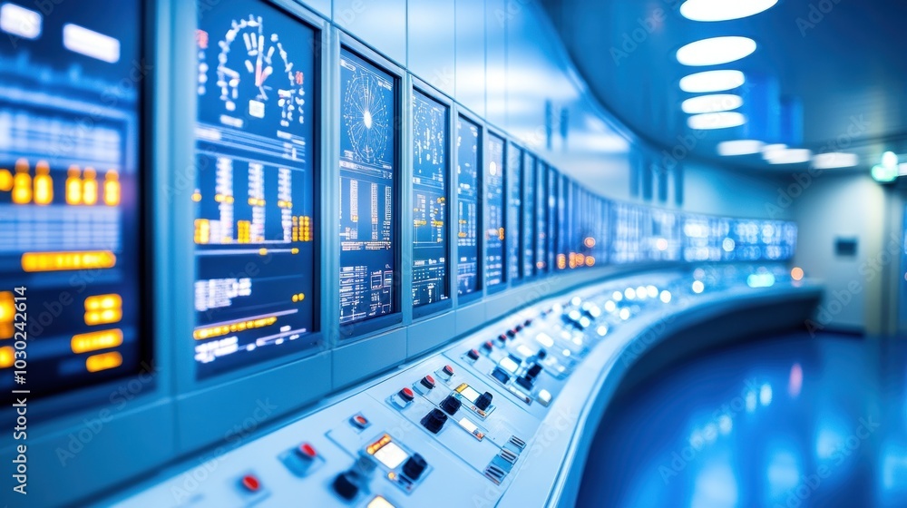 Aufkleber Control Panel with Multiple Screens and Buttons in a Modern Facility