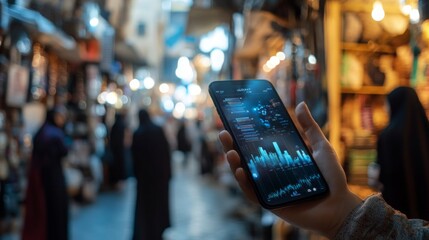 A bustling traditional bazaar at dusk filled with people. A person is focused on their smartphone screen, analyzing market data while surrounded by shops and vibrant displays.