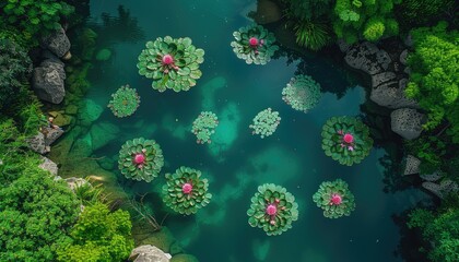 Overhead View of a Pond with Water Lilies and Green Foliage