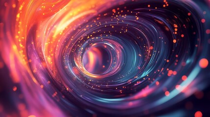 A swirling, colorful background with abstract shapes and glowing lights.