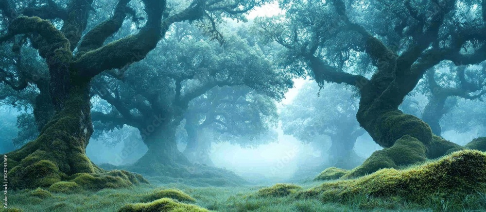 Poster ancient trees covered in moss, with their branches reaching towards the sky, create an enchanting at