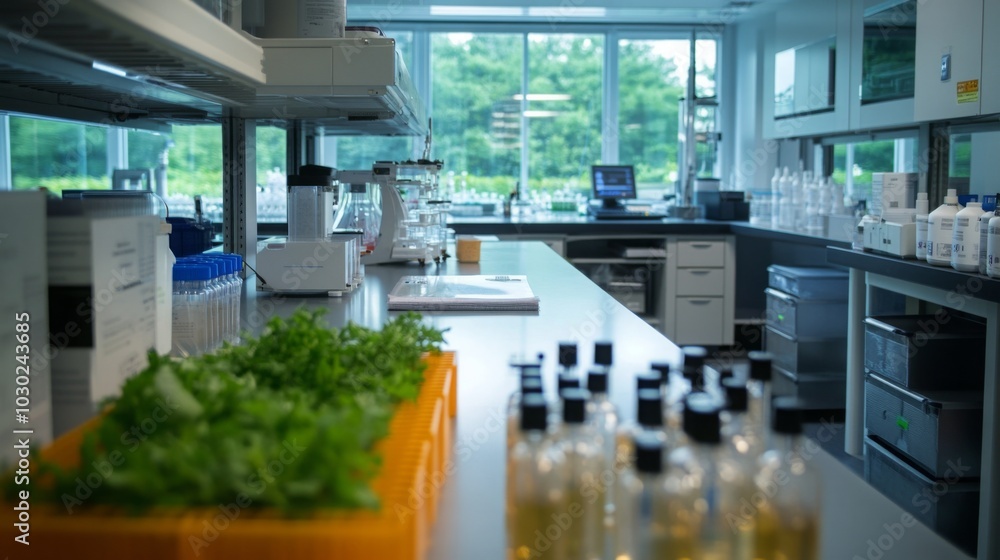 Poster a lab bench with a variety of containers, chemicals, and plants sits in front of a window.