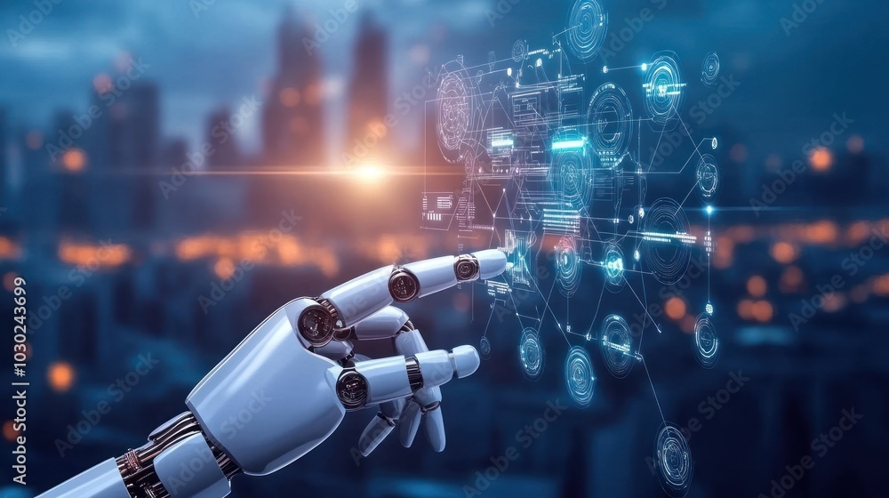 Poster robotic hand interacting with futuristic interface