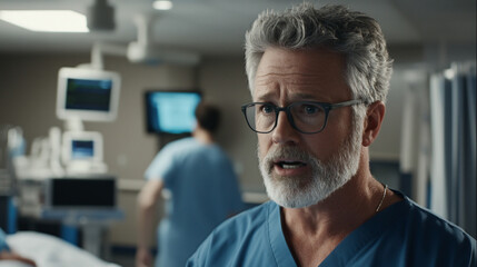 Concerned Doctor In Hospital Room With Medical Equipment Professionalism In A Healthcare Setting.
