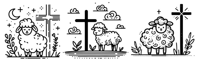 adorable lambs and christian crosses collection in simple cartoon style black vector