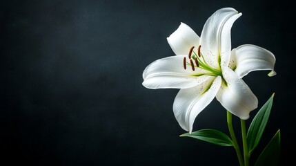A white lily stands out against a dark backdrop.
