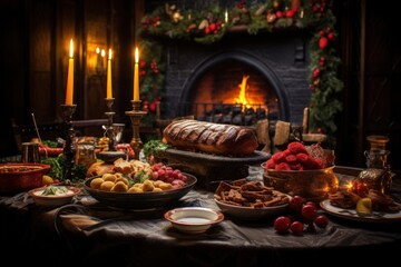 Naklejka premium Christmas dinner fireplace food meal.