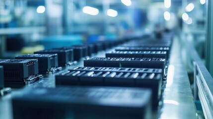 Close-Up of Battery Cells in High-Tech Manufacturing Facility
