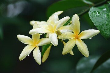 Delicate yellow flowers glisten with raindrops in a lush green garden