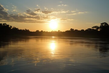 Naklejka premium Golden sunset reflecting on tranquil river waters amidst lush tropical foliage
