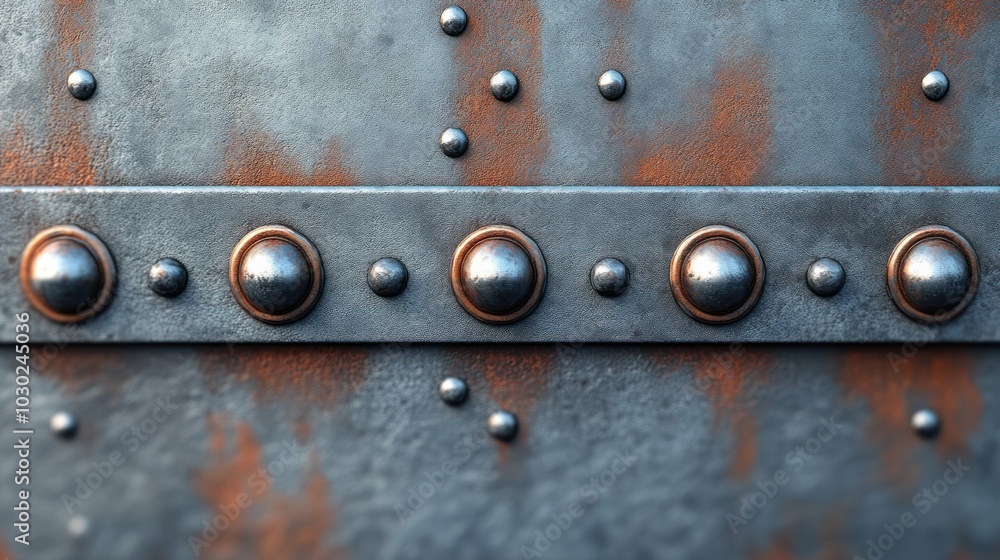 Poster close-up of a metallic surface with rivets and rust.