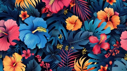 Seamless pattern with tropical leaves and hibiscus flowers.