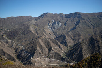 Mountains in Dagestan in the Caucasus and the blue sky