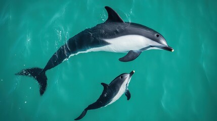 Obraz premium Hector's Dolphin Mother and Calf Swimming in Tranquil Waters