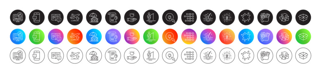 Dirty spot, Serum oil and Hold heart line icons. Round icon gradient buttons. Pack of Opened box, Manual, Medical flight icon. Report, Like video, Buying house pictogram. Vector