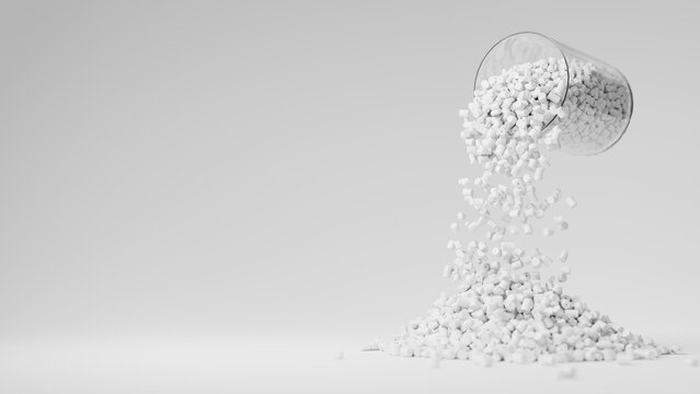 White plastic polypropylene granules pouring from the glass on a white backdrop, masterbatch polymer grain pile. HDPE or PVC resin pellets. Place for text. 3d render illustration