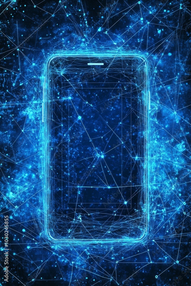 Poster smartphone with futuristic internet and glowing blue network technology plexus background