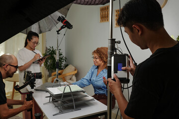 Production group shooting business theme in studio