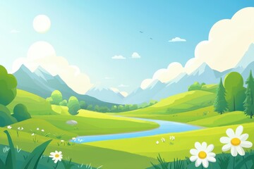 Obraz premium A serene valley illuminated by morning sunlight with lush greens and gentle river flow