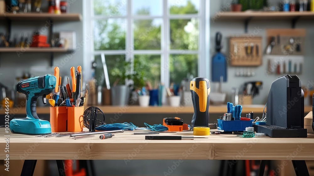 Aufkleber tools and equipment on a workbench in a workshop