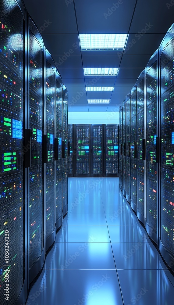 Poster network server room. modern data center with rows of server racks and technological equipment