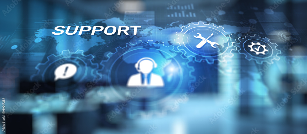 Aufkleber support button on virtual screen. customer service and communication concept.