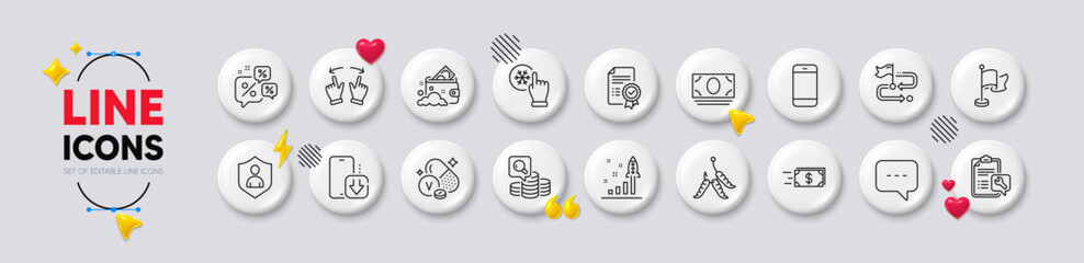 Smartphone, Cash money and Inspect line icons. White buttons 3d icons. Pack of Travel path, Move gesture, Development plan icon. Money transfer, Blog, Vanadium mineral pictogram. Vector