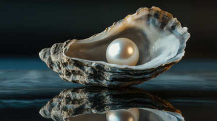 Naklejka premium A natural pearl nestled in the soft folds of an oyster shell, placed on a mirror surface that reflects both the pearl and the shell for an elegant, artistic effect.