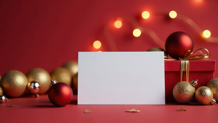 Blank of paper business card mockup design with copy space decorated with Christmas decor, gift box, golden balls on red background. Festive certificate. Greeting invitation. Xmas holiday postcard