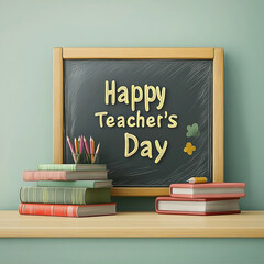 Happy Teacher's Day Blackboard with Books and Pencils on Wooden Desk