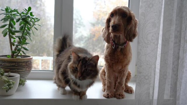 A dog and a cat are waiting for food together on the windowsill